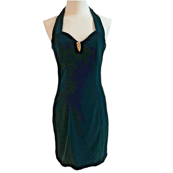 Vintage 90s Y2K Velvet Halter Mini Dress Size 2 Emerald Bodycon Vamp Party HOCO - Picture 1 of 11